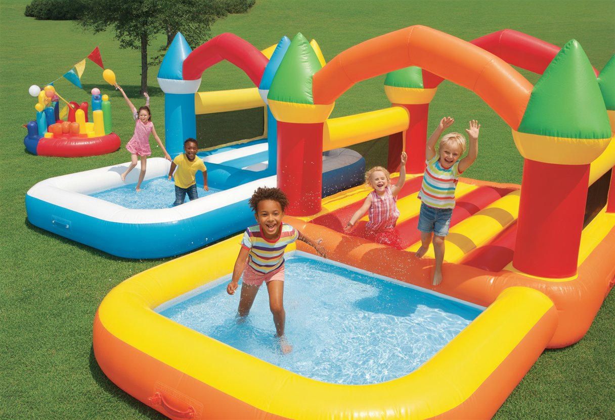 Niños jugando y divirtiéndose en castillos hinchables con piscinas en un jardín al aire libre durante una fiesta infantil.