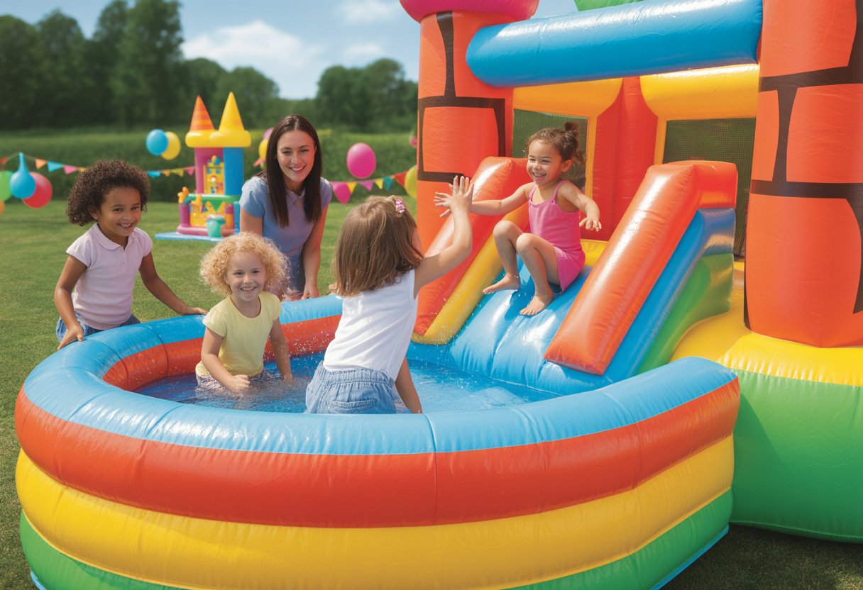 Niños jugando y chapoteando en un castillo hinchable con piscina durante una fiesta infantil al aire libre.