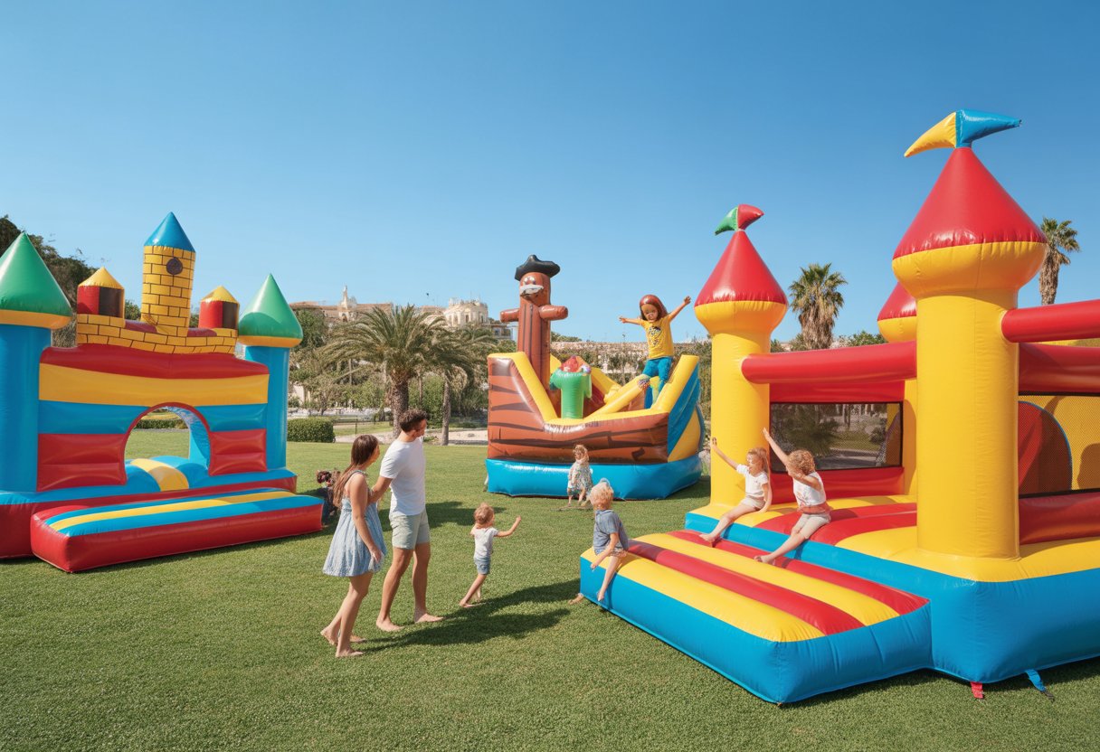 Niños jugando en varios castillos inflables temáticos en un parque soleado cerca de Málaga, con familias disfrutando y árboles al fondo.