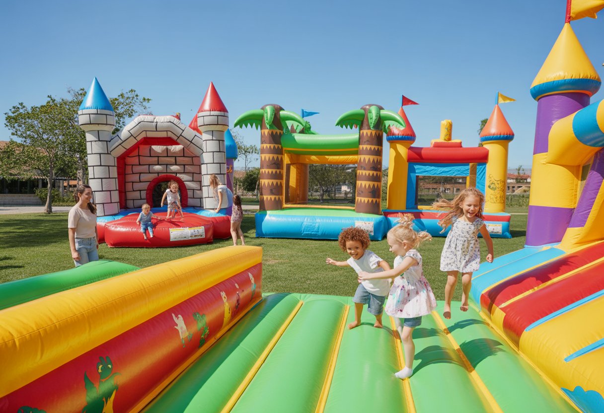 Varios castillos inflables temáticos instalados en un parque con niños jugando y adultos observando bajo un cielo despejado.