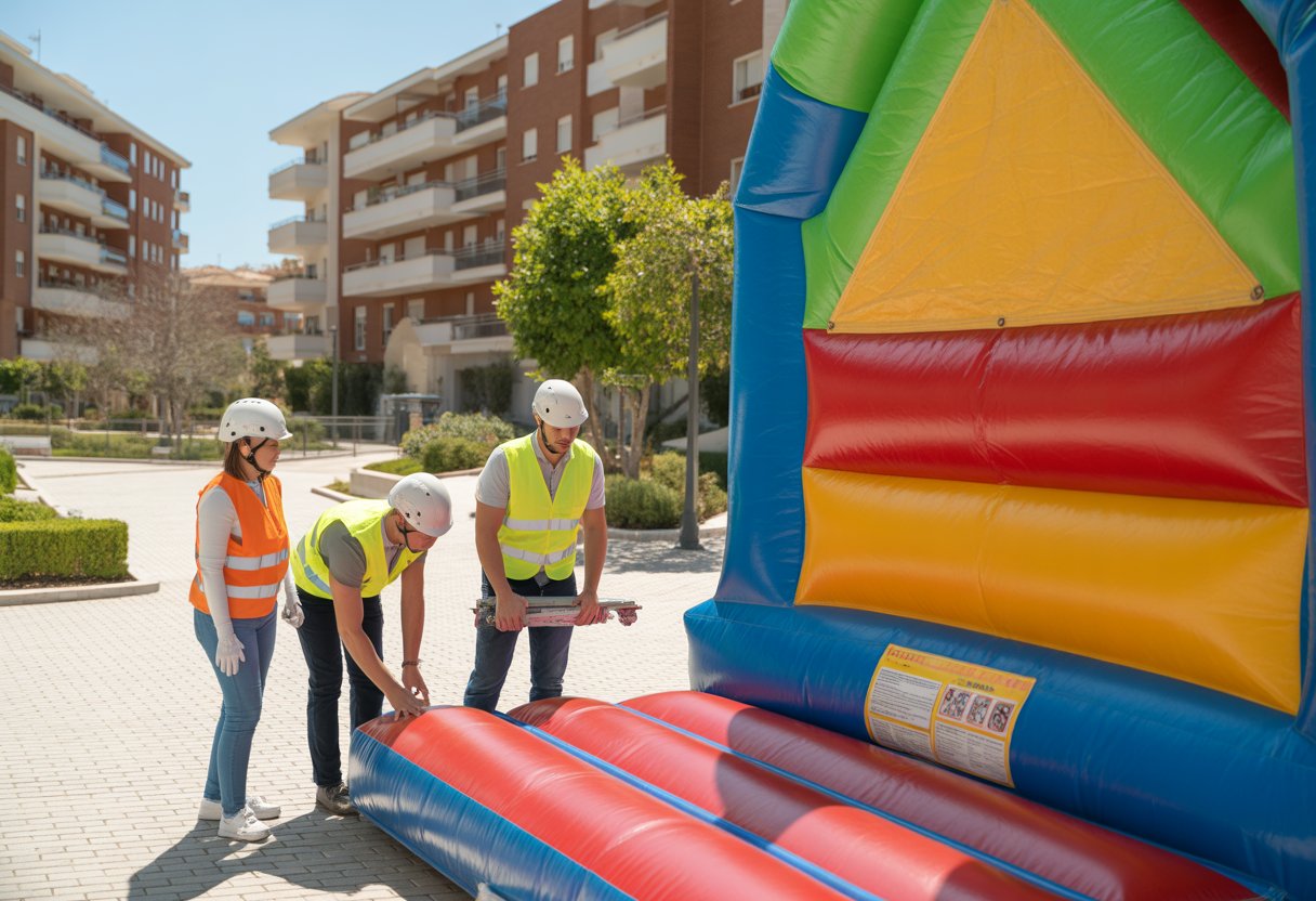 Inspectores de seguridad revisando un castillo hinchable instalado en una zona comunitaria al aire libre con edificios residenciales alrededor.