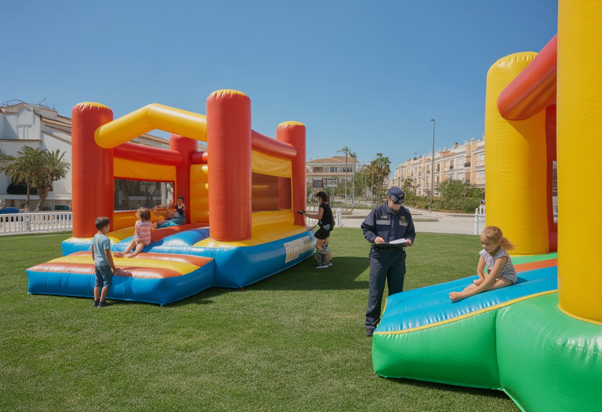 Familias y niños disfrutando de hinchables en un parque público de Málaga con un agente de seguridad supervisando.