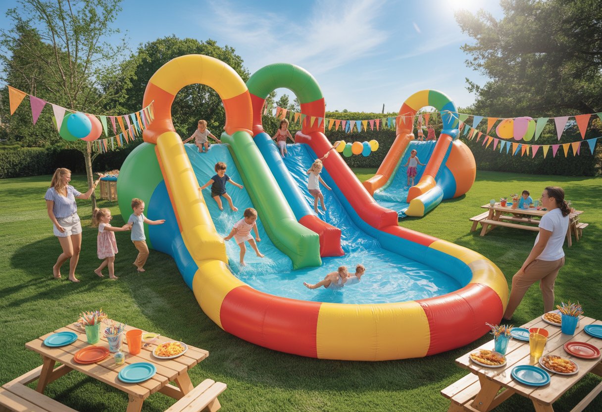 Niños jugando en toboganes de agua gigantes en un jardín decorado para una fiesta de cumpleaños con adultos supervisando.