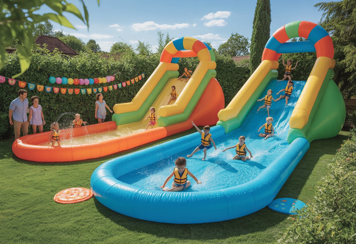 Niños jugando y deslizándose por toboganes de agua gigantes en un jardín durante una fiesta de cumpleaños, con adultos supervisando la seguridad.